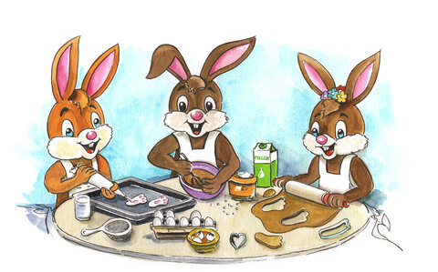 Hasenjunge Hubsi.Eine Illustration von Oskar Pointecker aus den Ostergeschichten von Sabine Aigner in Velden am Wörthersee. Osternestsuche am Ostermarkt.