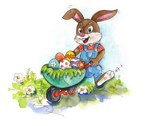 Hasenjunge Hubsi.Eine Illustration von Oskar Pointecker aus den Ostergeschichten von Sabine Aigner in Velden am Wörthersee. Osternestsuche am Ostermarkt.