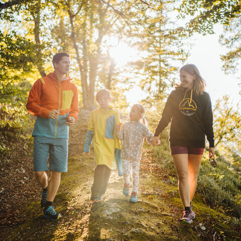 <p>Familie beim Wandern in der herrlichen Landschaft entlang der Wanderwege in der Region Wörthersee.</p>