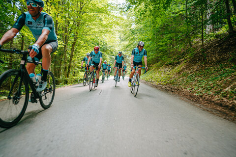 Gruppe bei einer Rennrad Tour am Wörthersee. Entspannter Genuss bei selektiven Routen am Straßenrad.