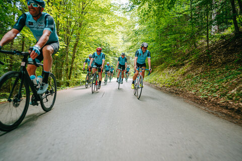 Gruppe bei einer Rennrad Tour am Wörthersee. Entspannter Genuss bei selektiven Routen am Straßenrad.