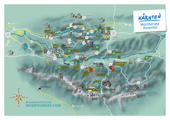 Gezeichnete Landkarte mit den Ausflugszielen und Sehenswürdigkeiten der Region Wörthersee-Rosental in Kärnten.