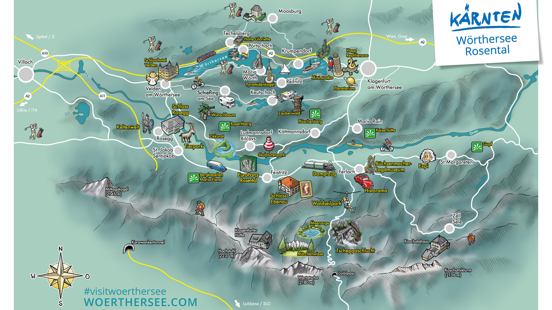 <p>Gezeichnete Landkarte mit den Ausflugszielen und Sehenswürdigkeiten der Region Wörthersee-Rosental in Kärnten.</p>