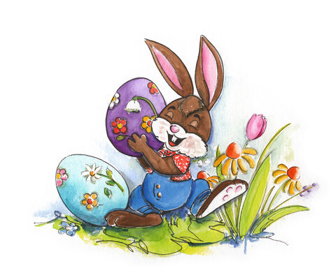 Hasenjunge Hubsi. Eine Illustration von Oskar Pointecker aus den Ostergeschichten von Sabine Aigner in Velden am Wörthersee. Osternestsuche am Ostermarkt.